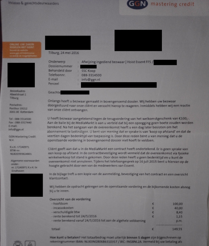 Laatste grote alinea. Essent stelt nog steeds dat geen sprake is van een koop op afstand.<br /><br />Ps Het is niet het welkomstgeschenk dat ik claim niet verschuldigd te zijn, maar de 250 euro aan annuleringskosten die ik als onverschuldigd betaald terugvorder hetgeen - uiteraard - niet genoemd wordt.