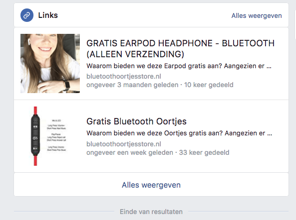 Op facebook gezocht naar Bluetoothoortjes store toont deze advertenties.