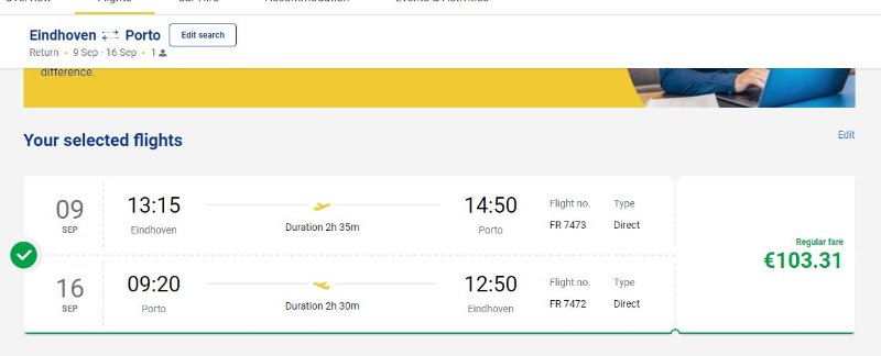 Koop je 'n nieuw ticket dan kost het €103,31 ioncl. priority en bagage