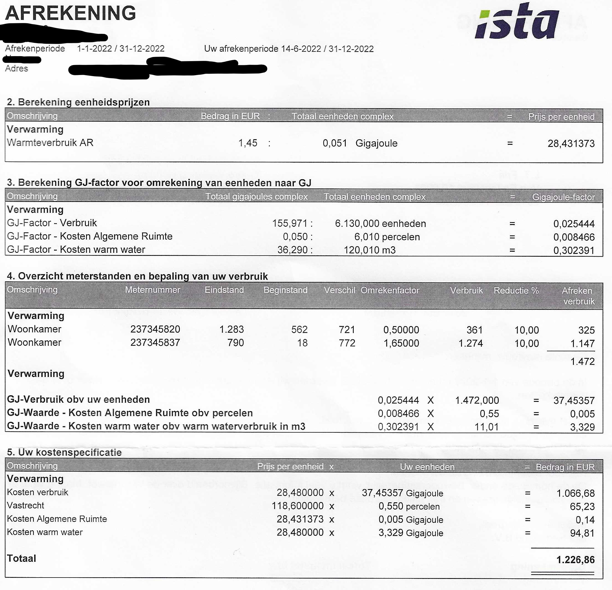 Screenshot van onze afrekening. <br />NB: ons hoge persoonlijke verbruik, maar ook dat van het totale wooncomplex.